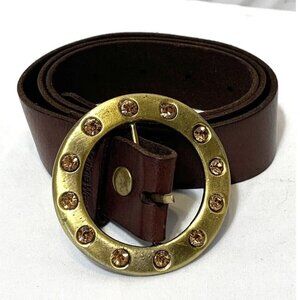 MARTINE WESTER London Brown Leather Rhinestone Hip Belt Holes 28-34” Width 1.5"